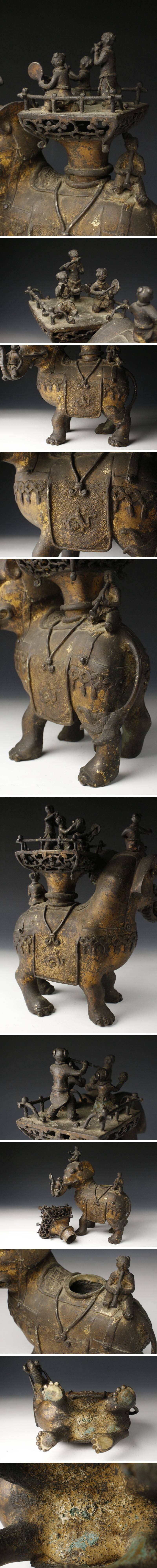 LIG】中国美術明時代銅製鍍金象乗唐子香炉35㎝ 細密細工唐物旧家蔵出品 
