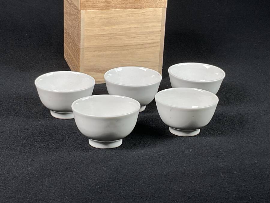 夢工房】唐物 白磁 煎茶碗 五客 時代箱 SB-017 煎茶碗白磁
